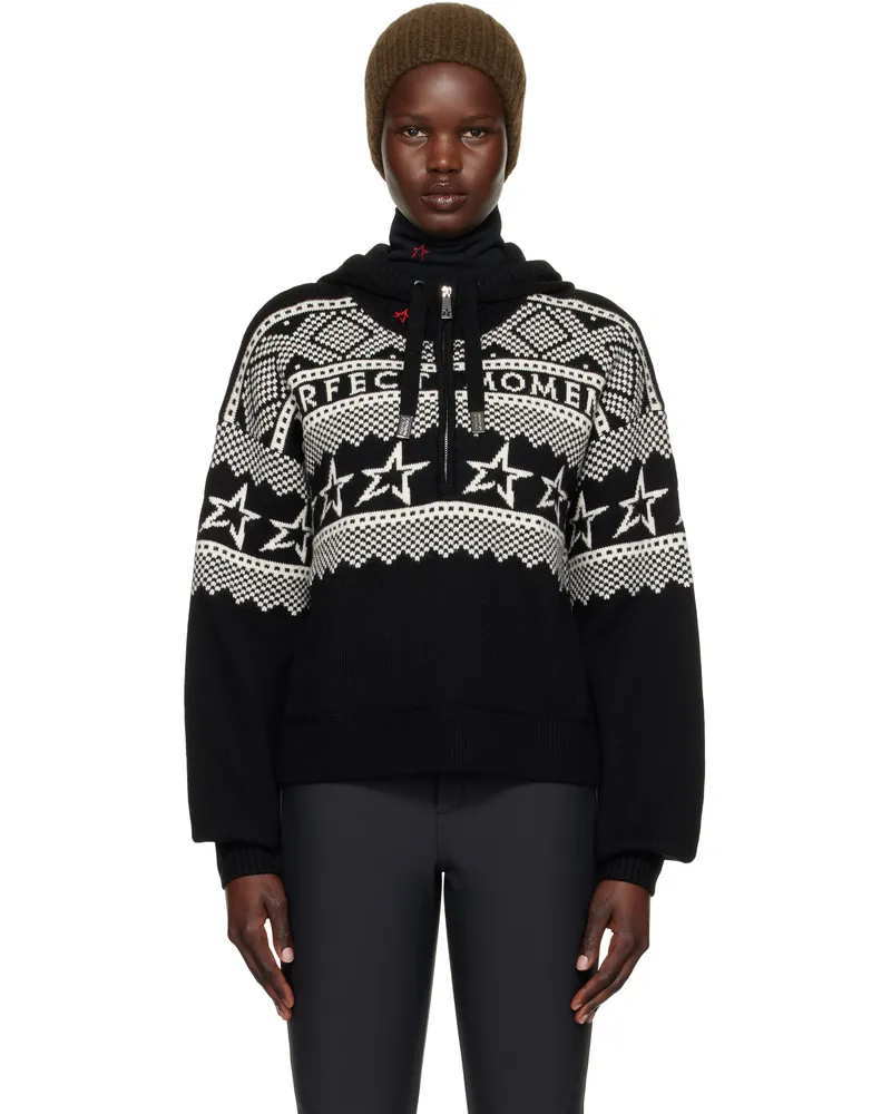 Perfect Moment Black Intarsia-Knit Merino Wool Hoodie Black