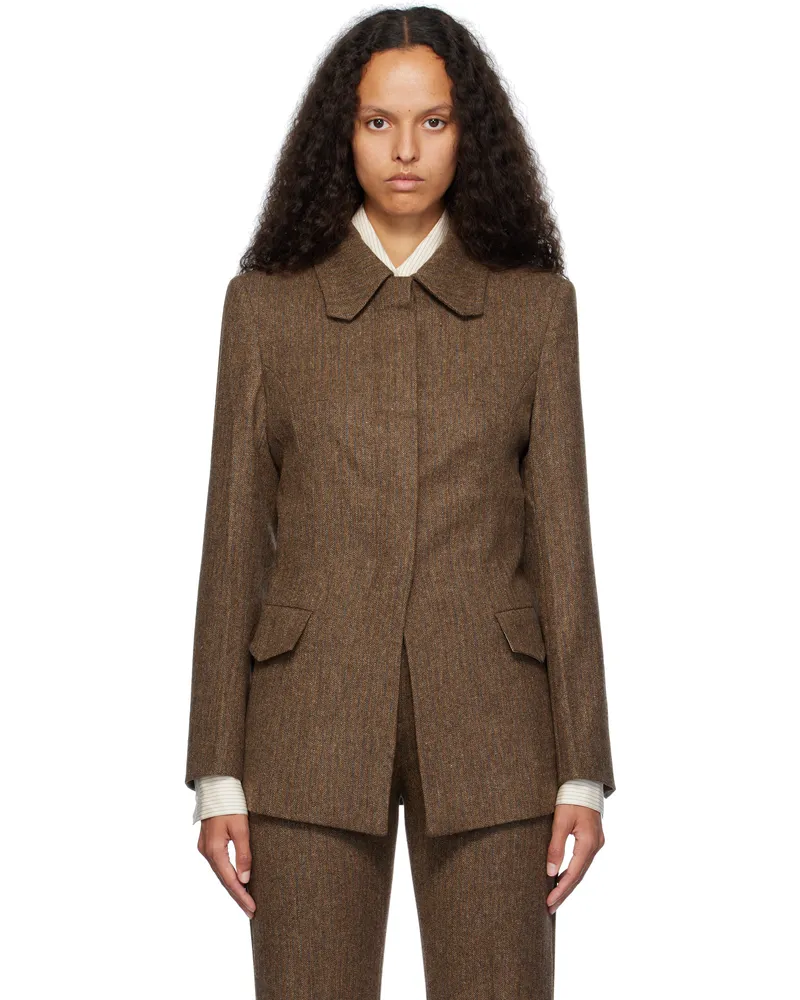 ROTATE Birger Christensen Brown Fitted Herringbone Blazer 977