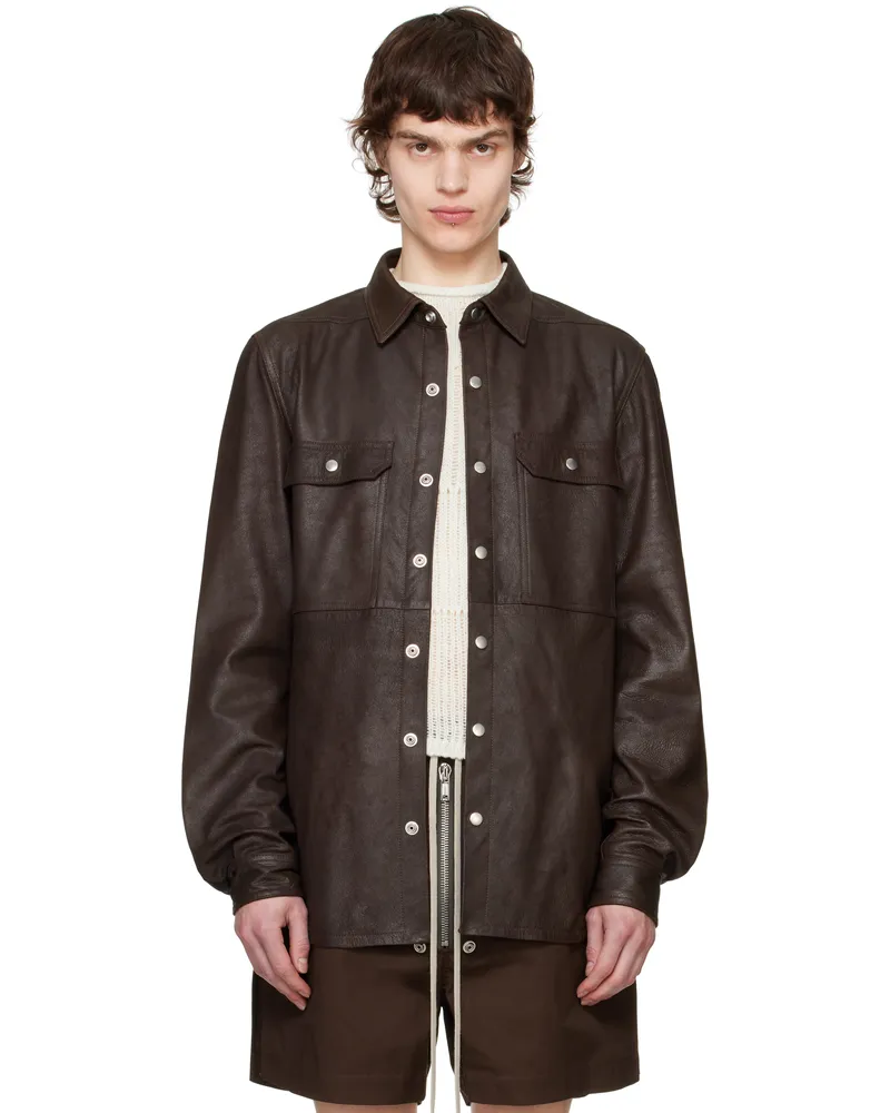 Rick Owens Brown Hollywood Outershirt Leather Jacket 14
