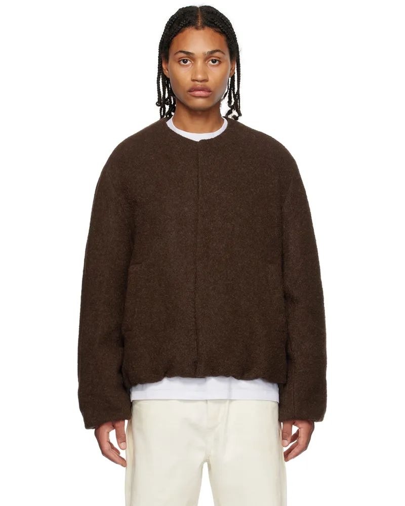 WE 11 DONE Brown Collarless Bomber Jacket Brown