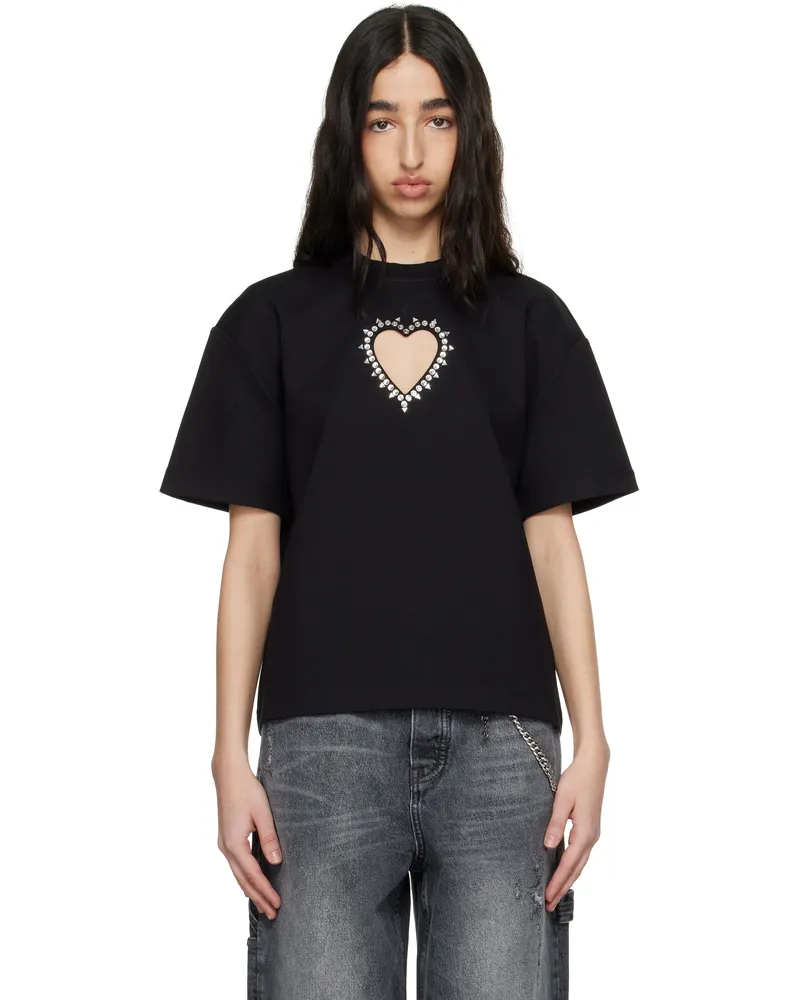 Area Black Crystal Heart Cutout Relaxed T-shirt Black