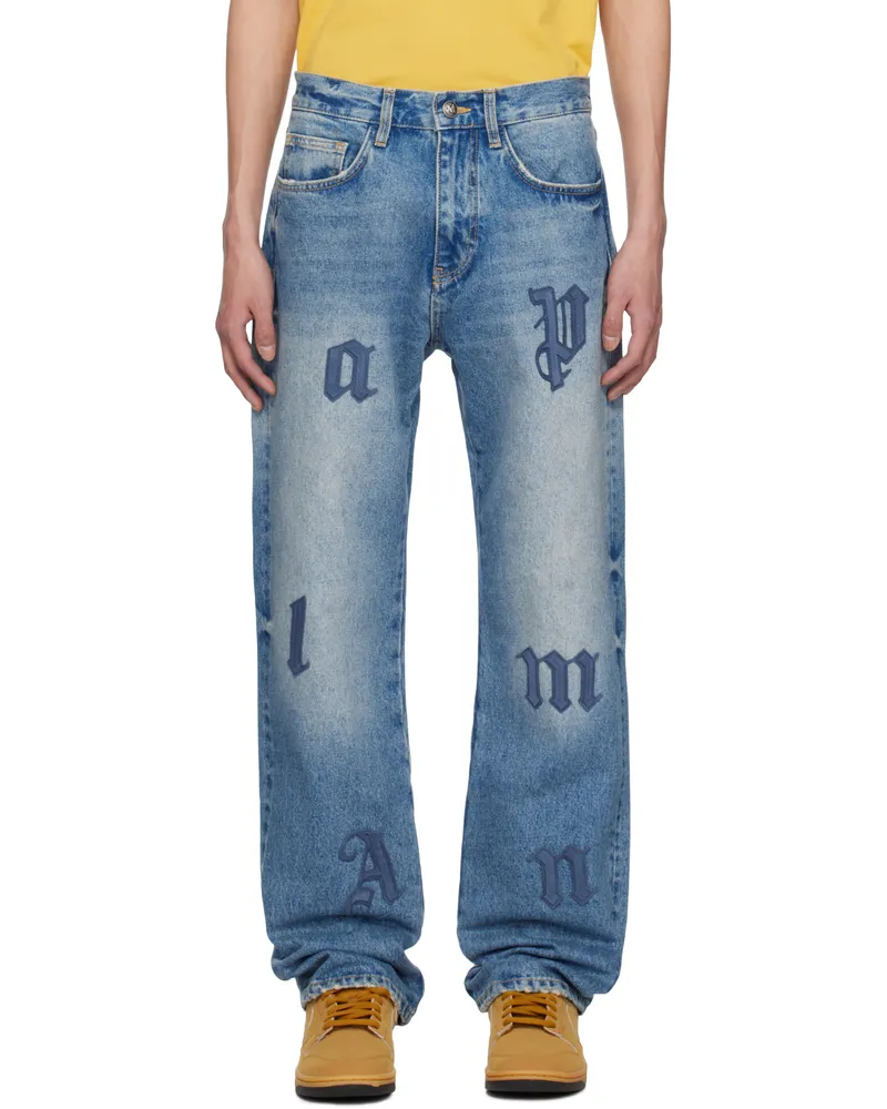 Palm Angels Blue Logo Patch Straight 5 Pocket Jeans Light