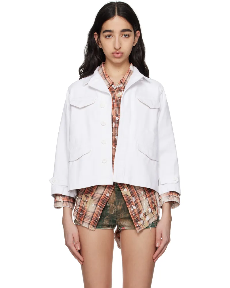 R13 White Boxy Army Denim Jacket White