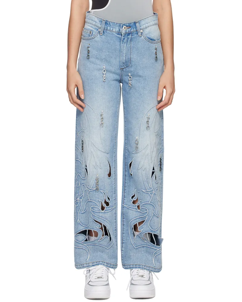 Feng Chen Wang Blue Phoenix Cutout Jeans Blue