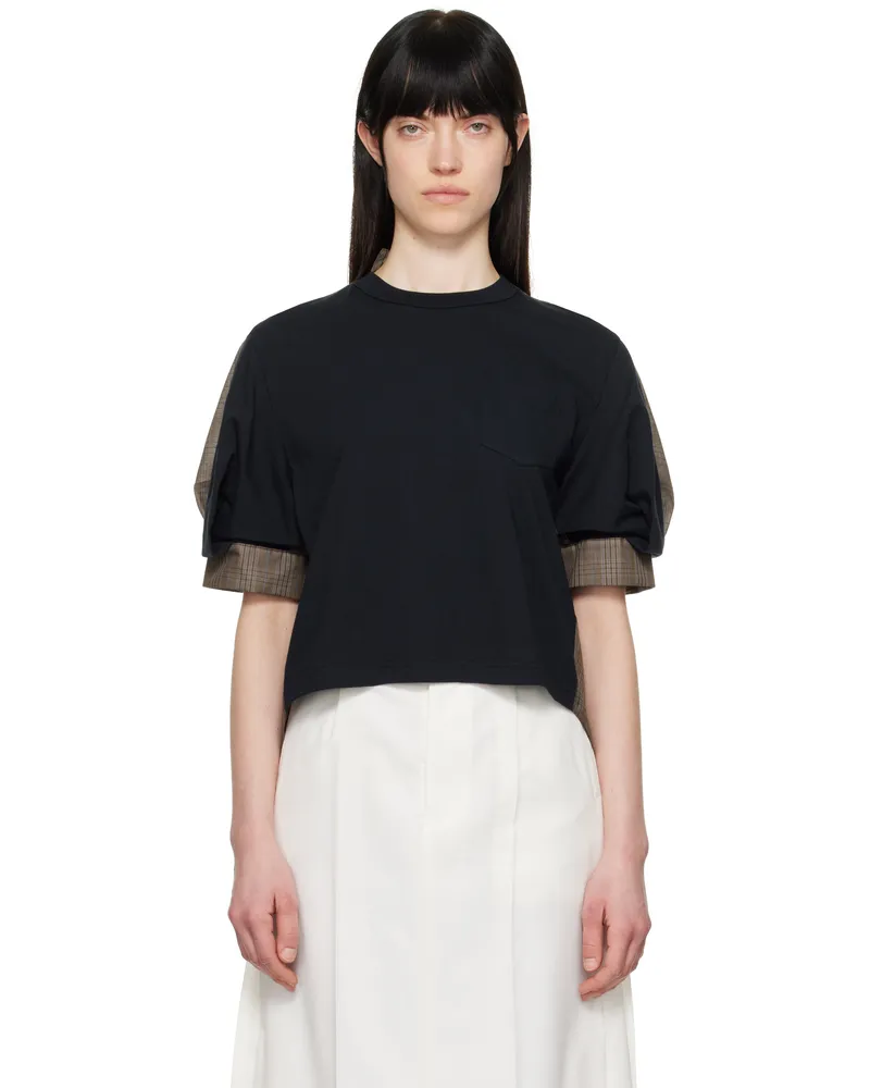 Sacai Navy & Brown Spun Organza & Cotton Jersey T-shirt 812