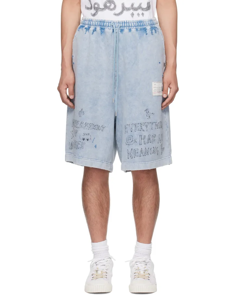 MIHARAYASUHIRO Blue Bleached Graffiti Print Sweat Shorts Blue