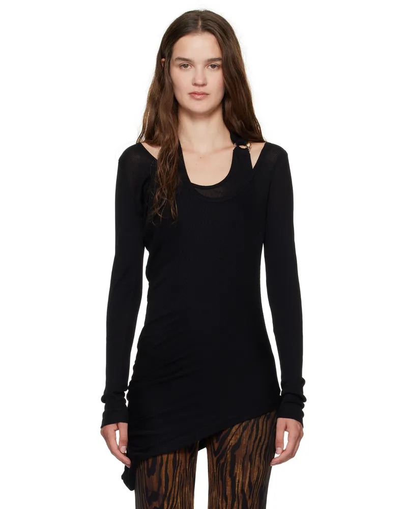 Jean Paul Gaultier Black Ribbed Twisted Double Layer Piercing T-shirt 00-black