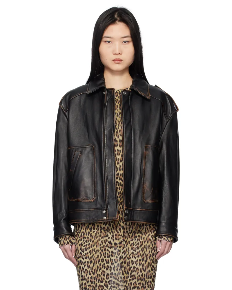 Blumarine Black Faded Leather Biker Jacket N0990