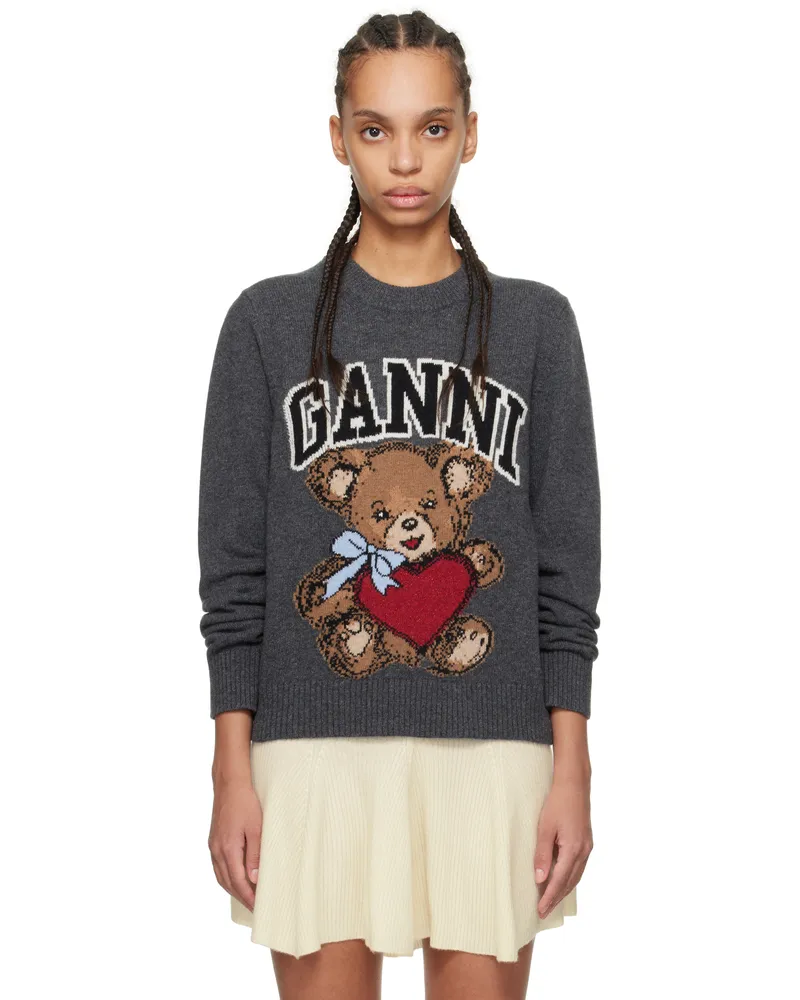 Ganni Gray Graphic Bear Sweater 084