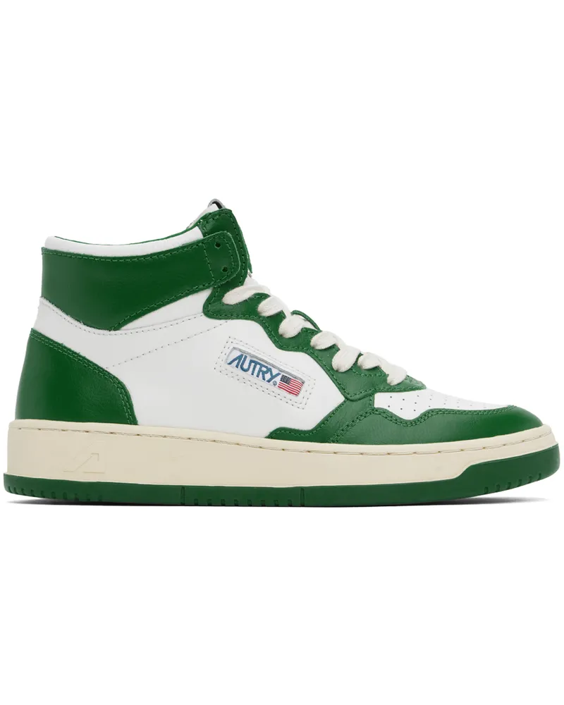 AUTRY White & Green Medalist Mid Bicolor Sneakers Leat