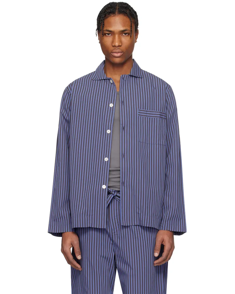 TEKLA Blue & Brown Poplin Long-Sleeved Pyjama Shirt Verneuil