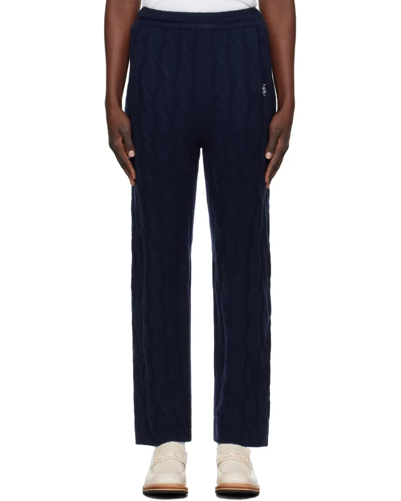 SPORTY & RICH Navy 'SRC' Cableknit Cashmere Trousers 31
