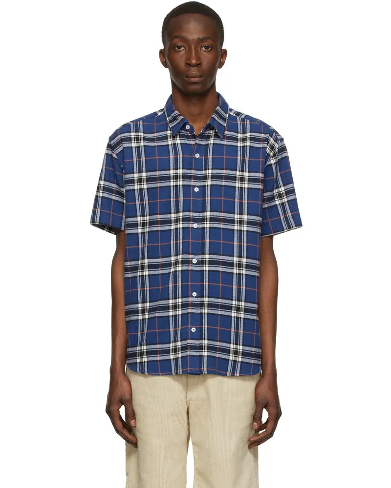 Noon Goons Blue Flannel Short Sleeve Shirt Navy