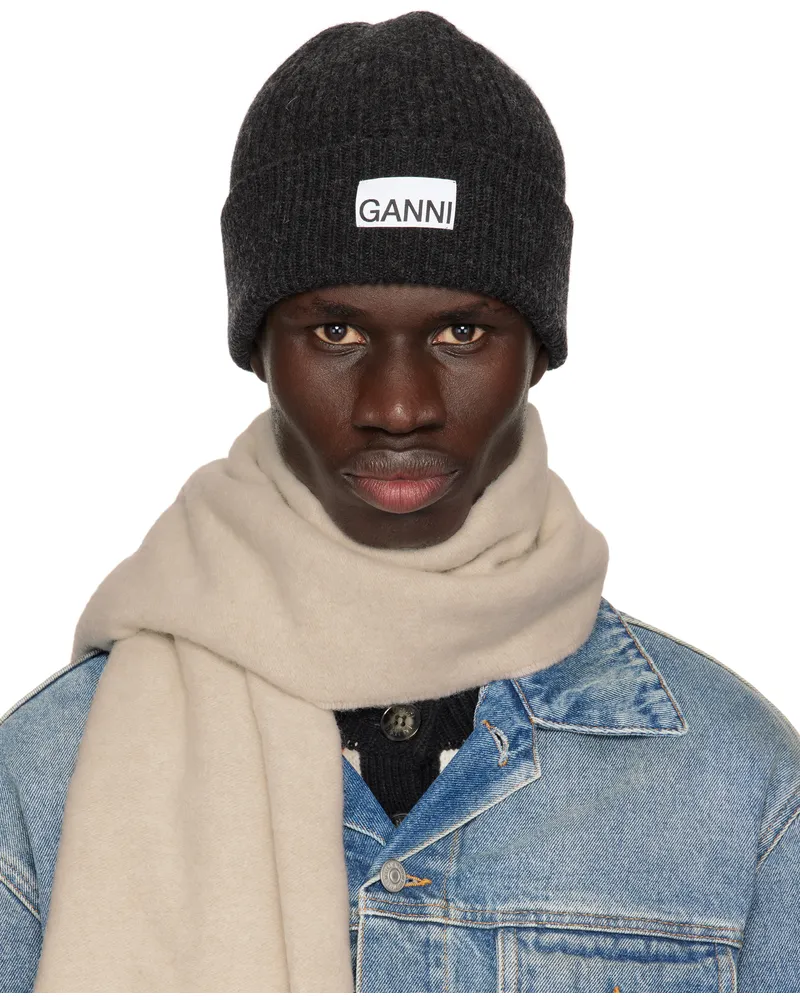 Ganni Gray Fitted Wool Rib Knit Beanie Phantom