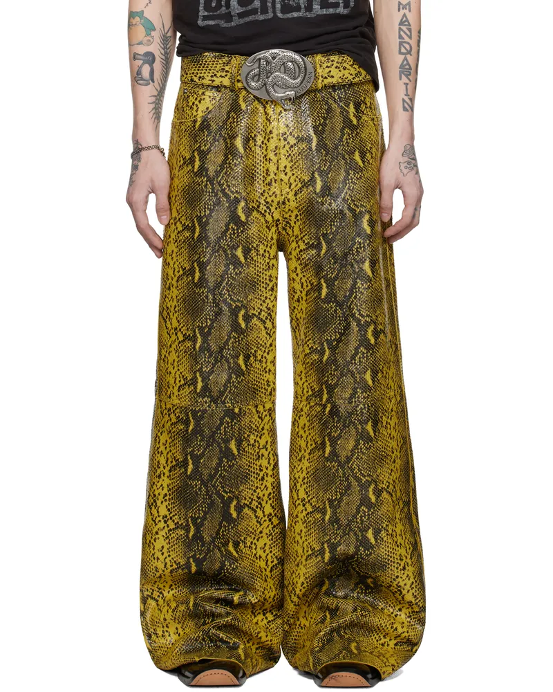LU'U DAN Black & Yellow 'Year of the Snake' Phat Leather Pants Jungle