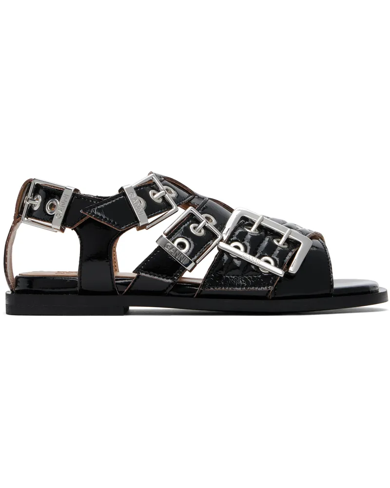 Ganni Black Feminine Buckle Strap Naplack Flat Sandals 099