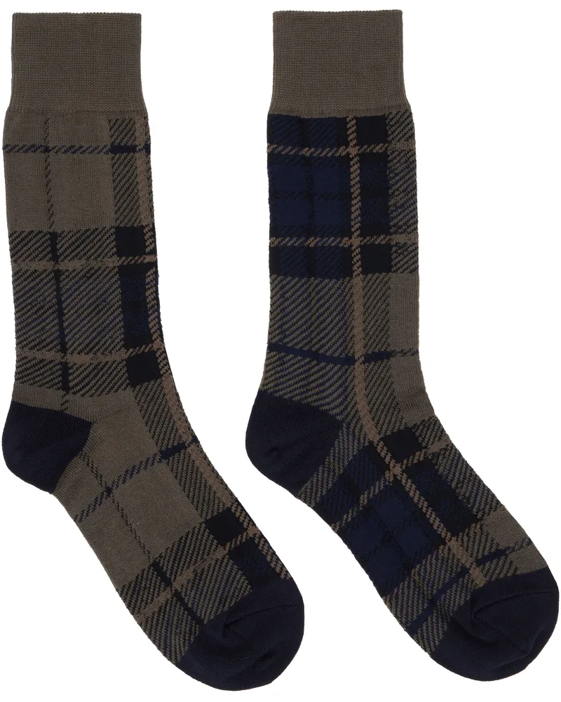 Sacai Khaki & Navy Plaid Socks 505