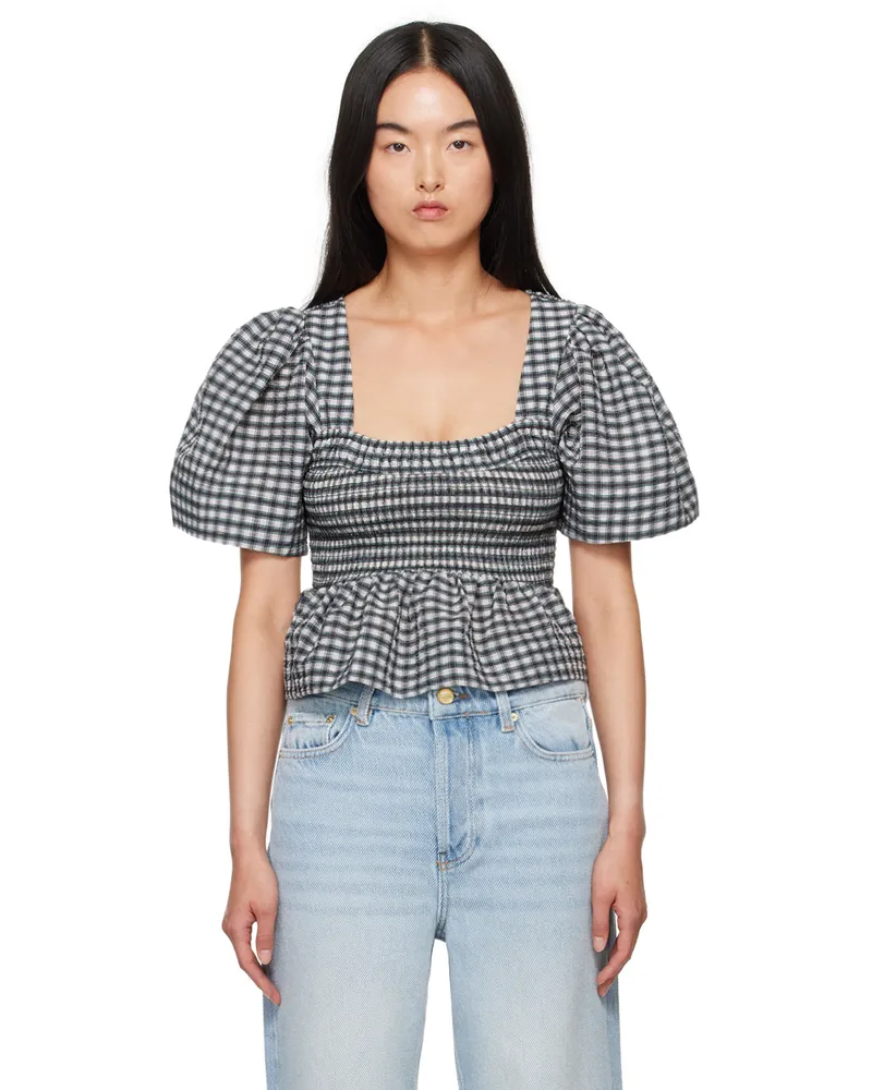 Ganni Off-White & Gray Check Blouse 135