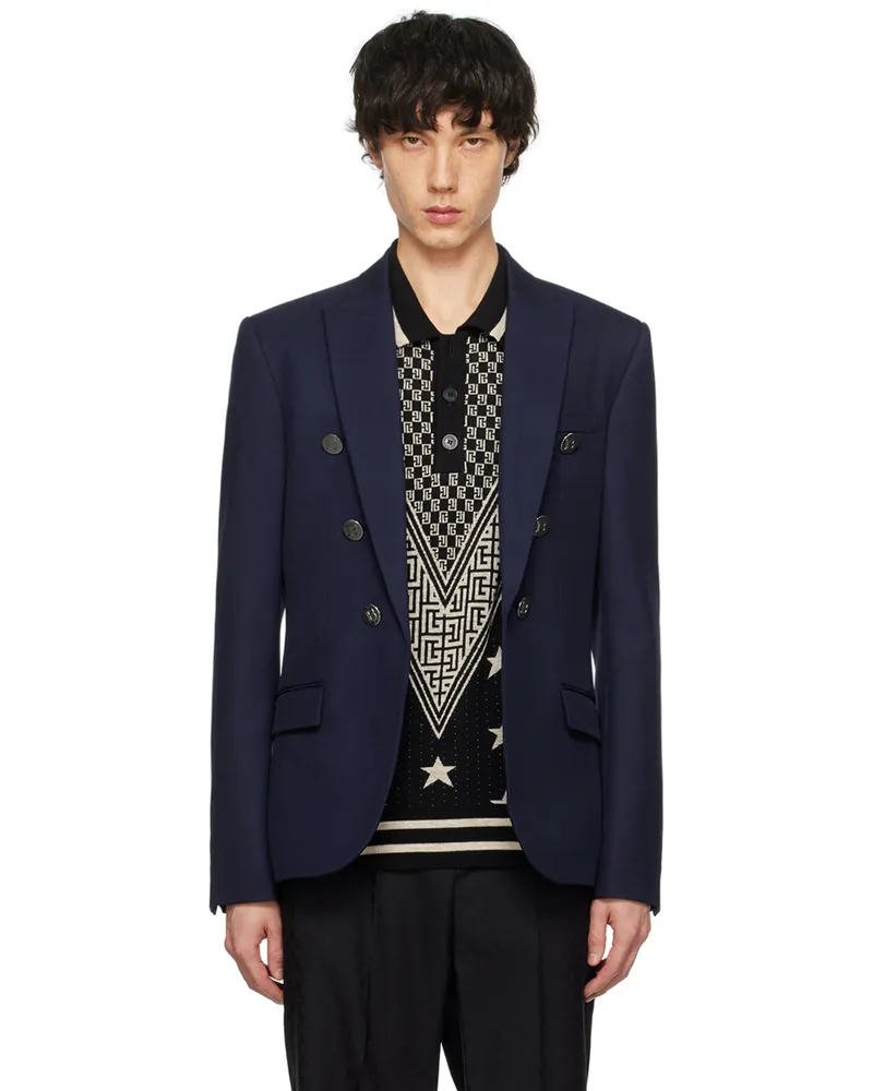 Balmain Navy Peaked Lapel Blazer 6ub