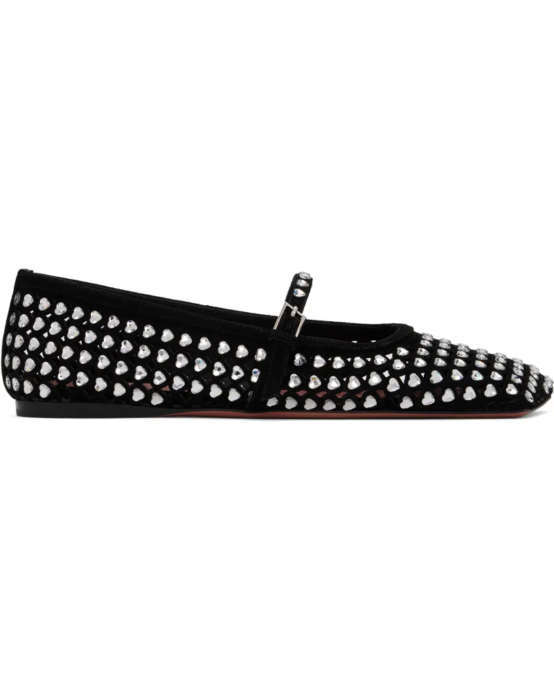 Amina Muaddi Black Ane Crystal Heart Ballerina Flats Black