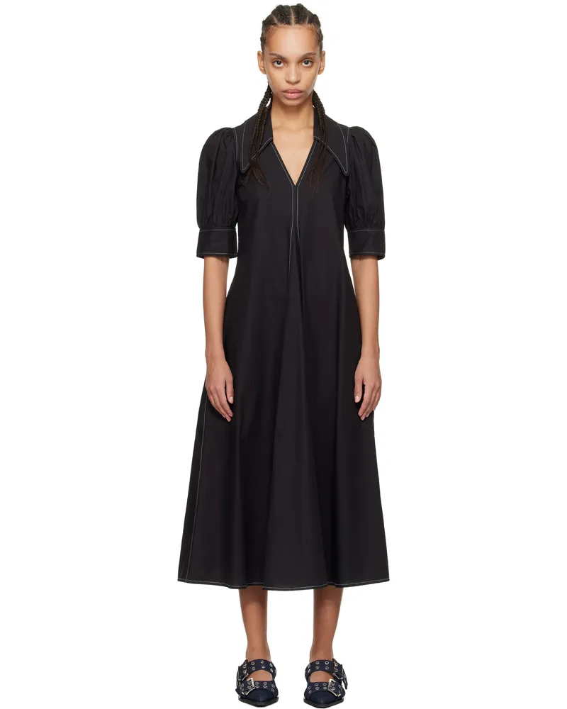 Ganni Black Cotton Poplin V-Neck Midi Dress 099