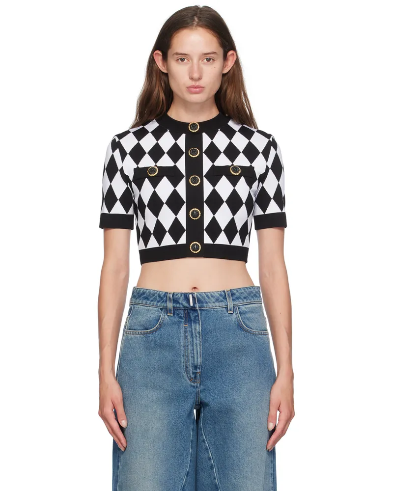Balmain Black & White Diamond Jacquard Cardigan Eab