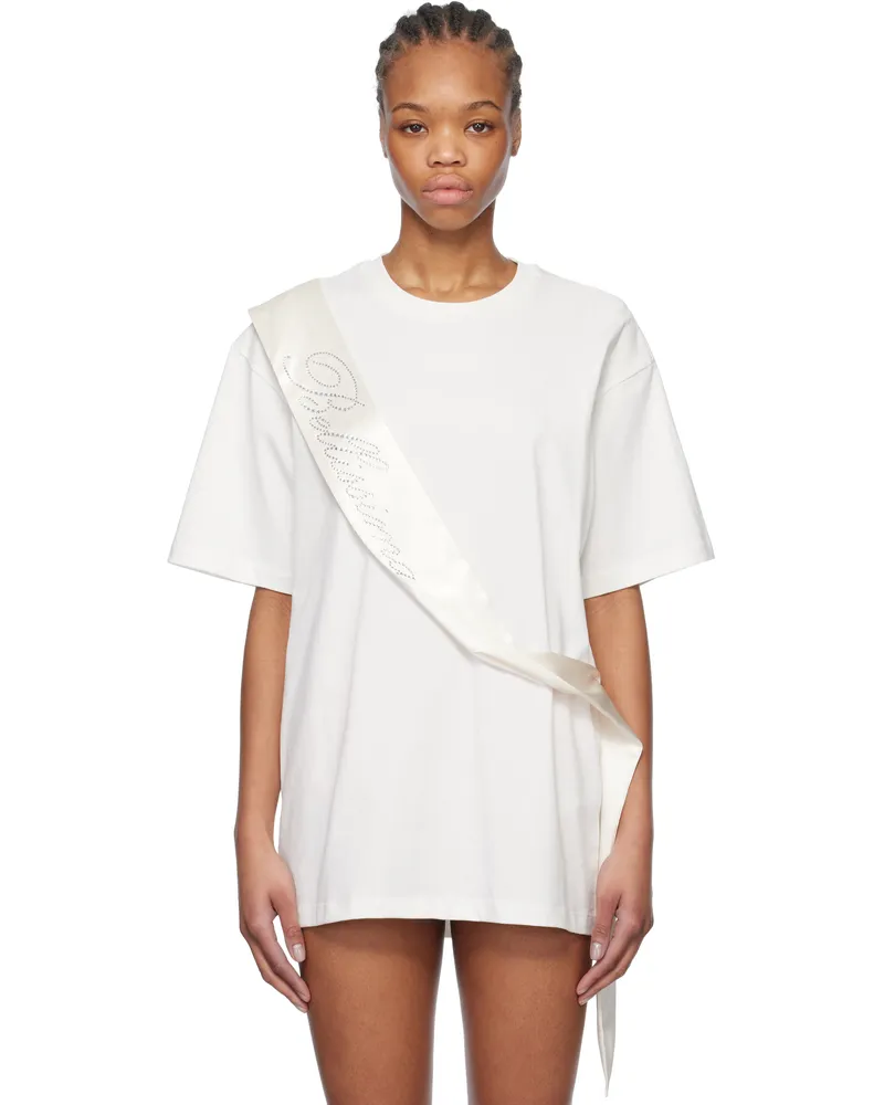 Blumarine White Satin Band Rhinestone Embroidery T-shirt N0100