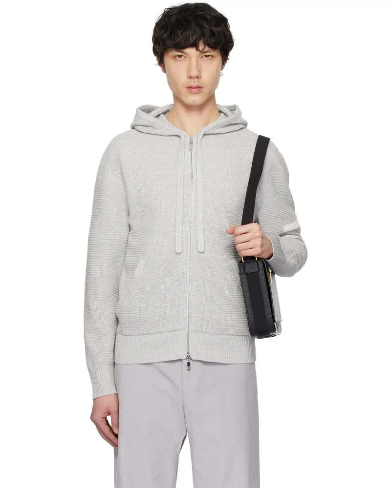 Thom Browne Gray Linen Cotton 4-Bar Relaxed Fit Zip Up Hoodie 065