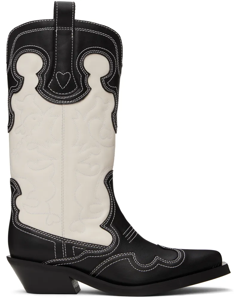 Ganni Black & White Mid Shaft Embroidered Western Boots 087