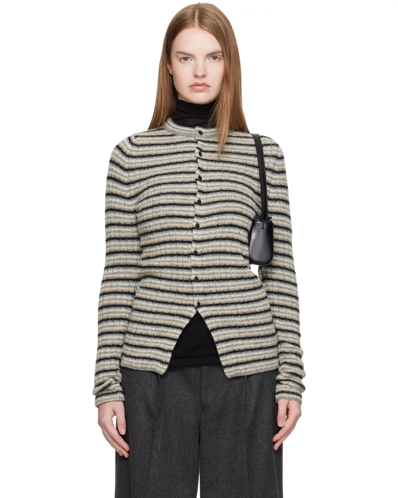 AURALEE Gray Shetland Wool Cashmere Rib Knit Crew-Neck Cardigan Gray