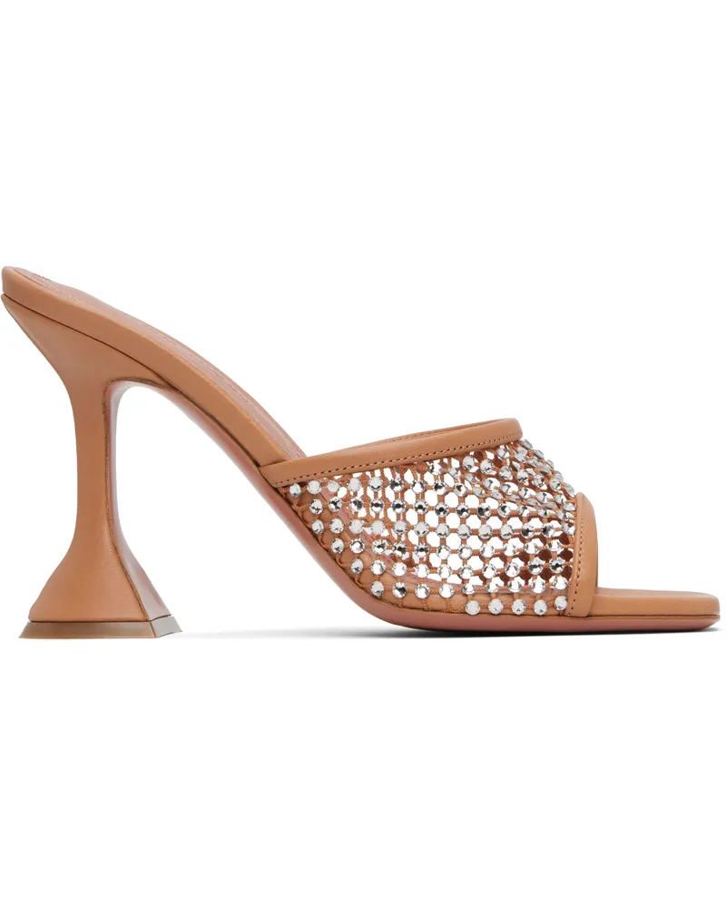 Amina Muaddi Tan Lupita Crystal Net Slipper Heeled Sandals Nappa