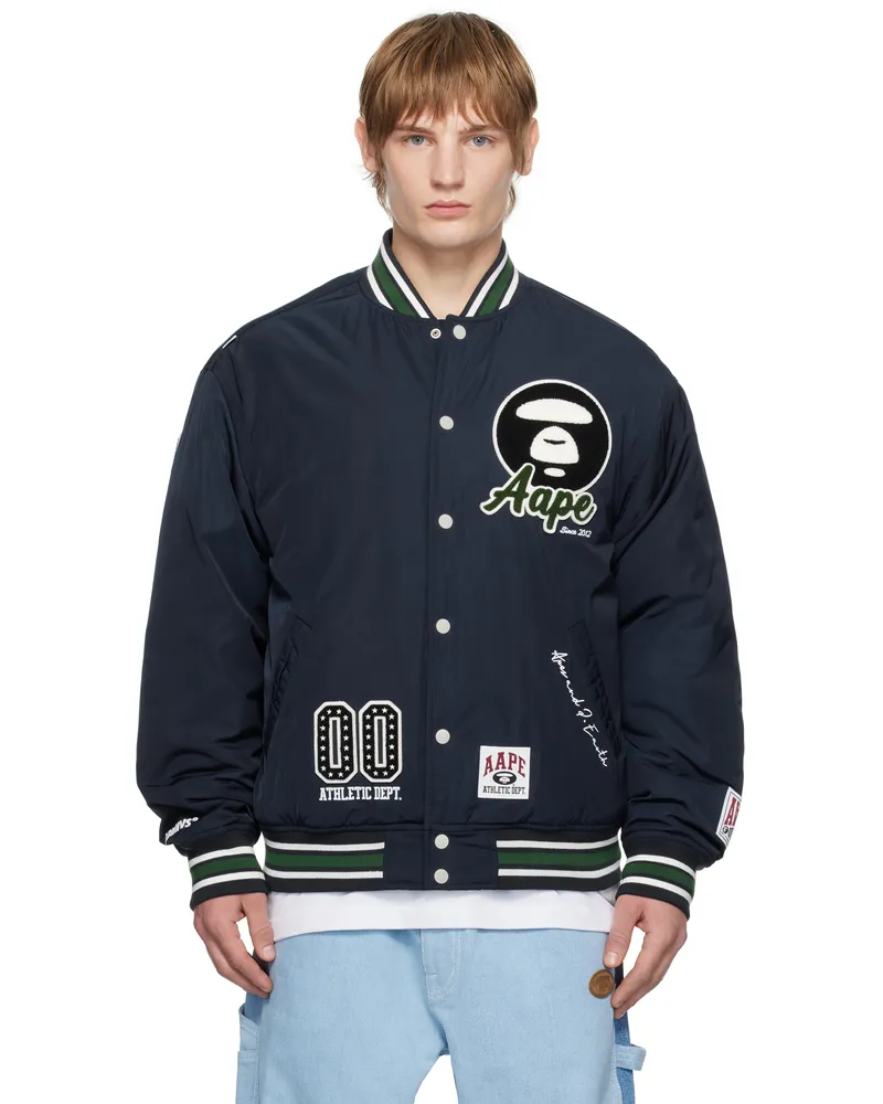 AAPE by A Bathing Ape Navy Moonface Logo Varsity Bomber Jacket Nyd