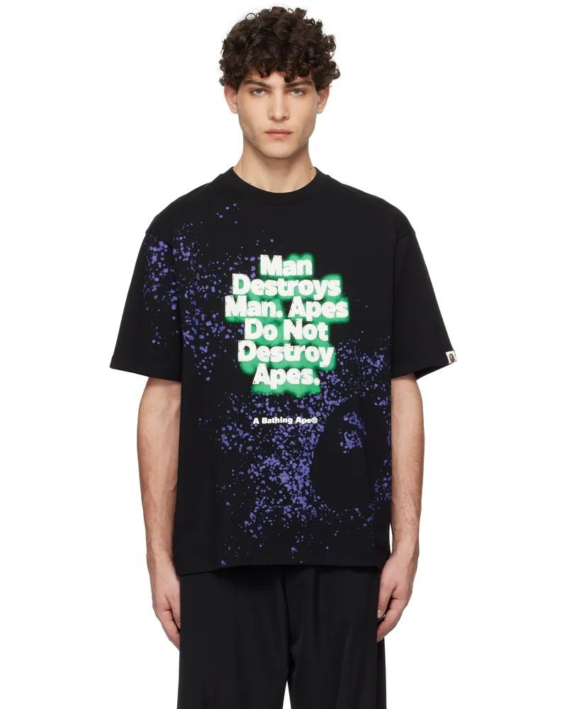 BAPE Black Spray Print Slogan T-shirt Black