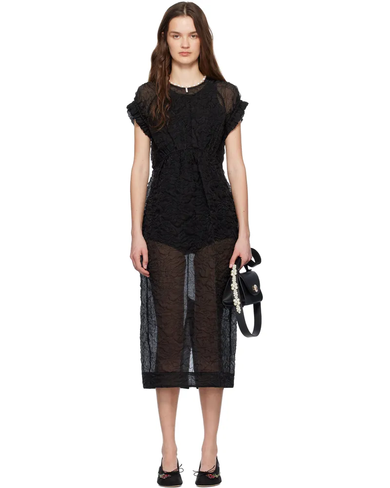 Simone Rocha Black Elasticated Gathered Sleeve Tulip Midi Dress Black