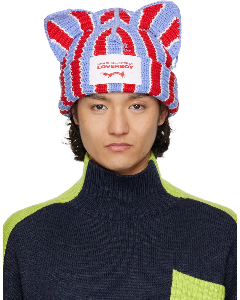Charles Jeffrey Loverboy Red & Blue Chunky Ears Beanie Red