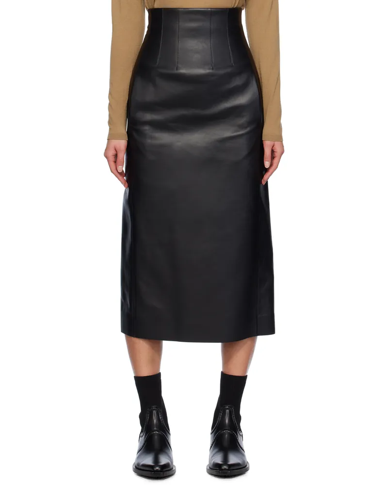 Chloé Black High-Waisted Leather Midi Skirt 001