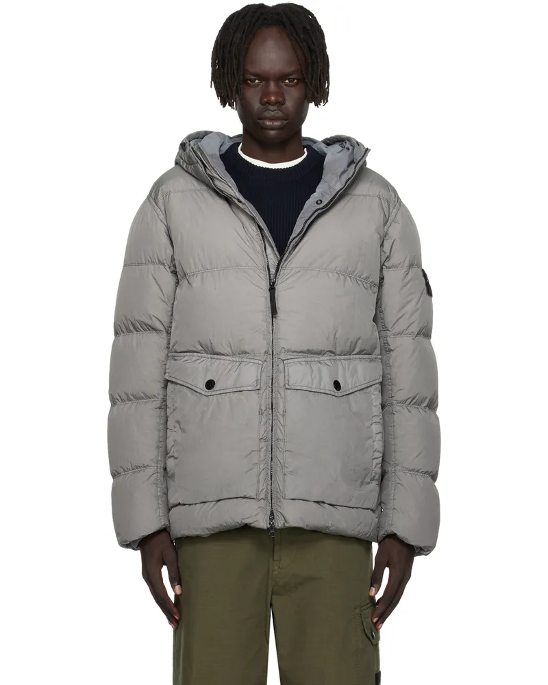Stone Island Gray 4100011 Hooded Nylon Down Jacket V006b