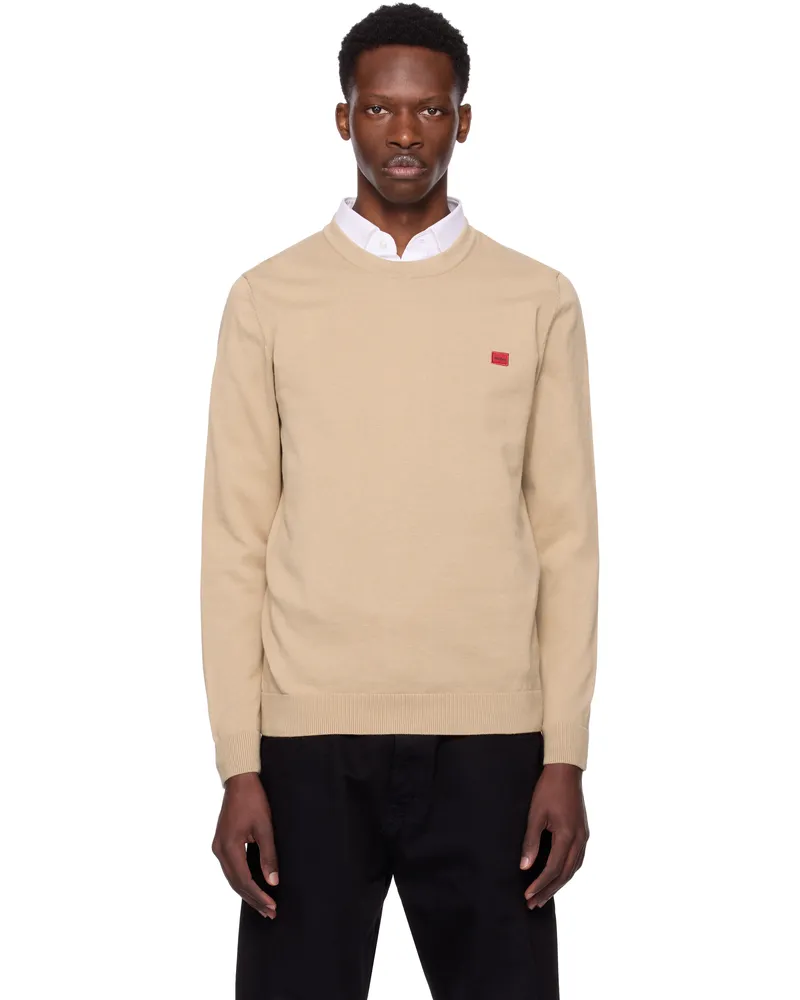 HUGO BOSS Beige Knitted Cotton Red Logo Label Sweater 269-medium