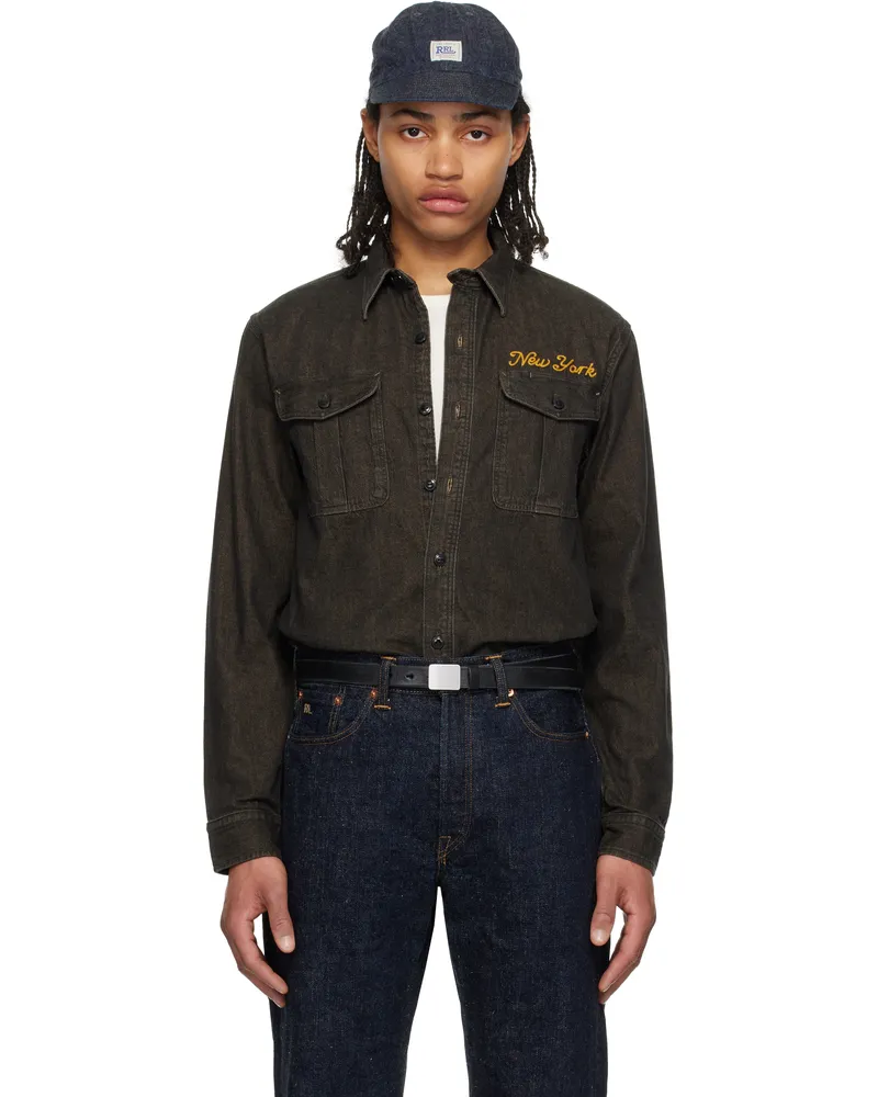 RRL Black Embroidered Work Denim Shirt Washed