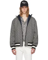 Balmain Black & Off-White Monogram Reversible Bomber Jacket Bleu