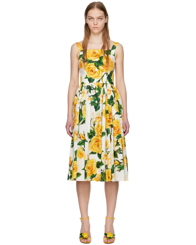 Dolce & Gabbana White & Yellow Floral Midi Dress Ha3qd