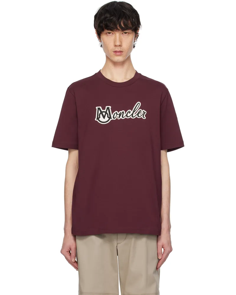 Moncler Burgundy Embroidered Varsity Logo Cotton T-shirt 468