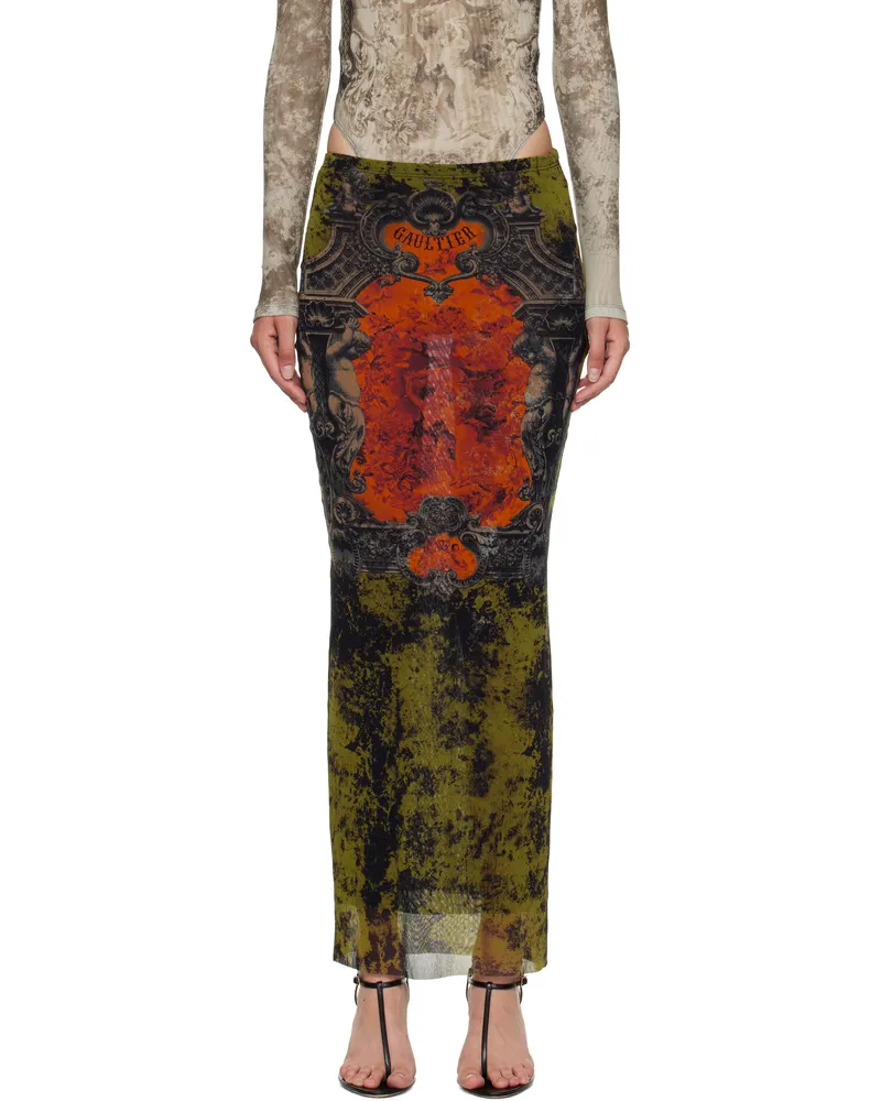 Jean Paul Gaultier Khaki & Orange 'The Long Médaillon' Midi Skirt 004115