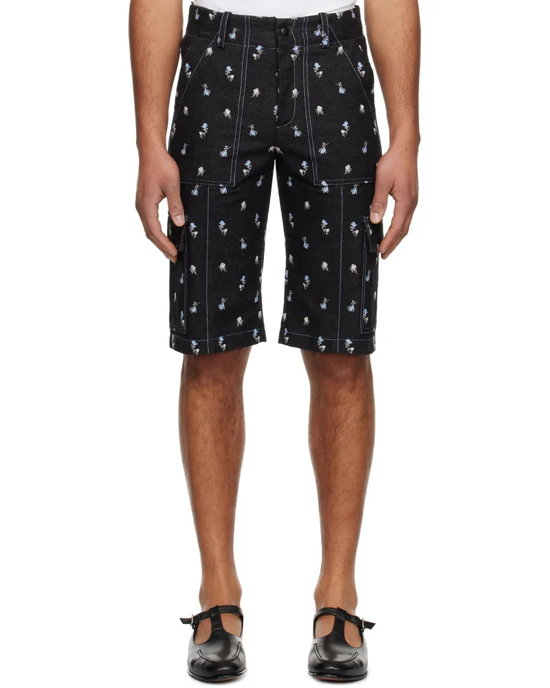 Anna Sui Black Embroidered Roses Denim Cargo Shorts Denim