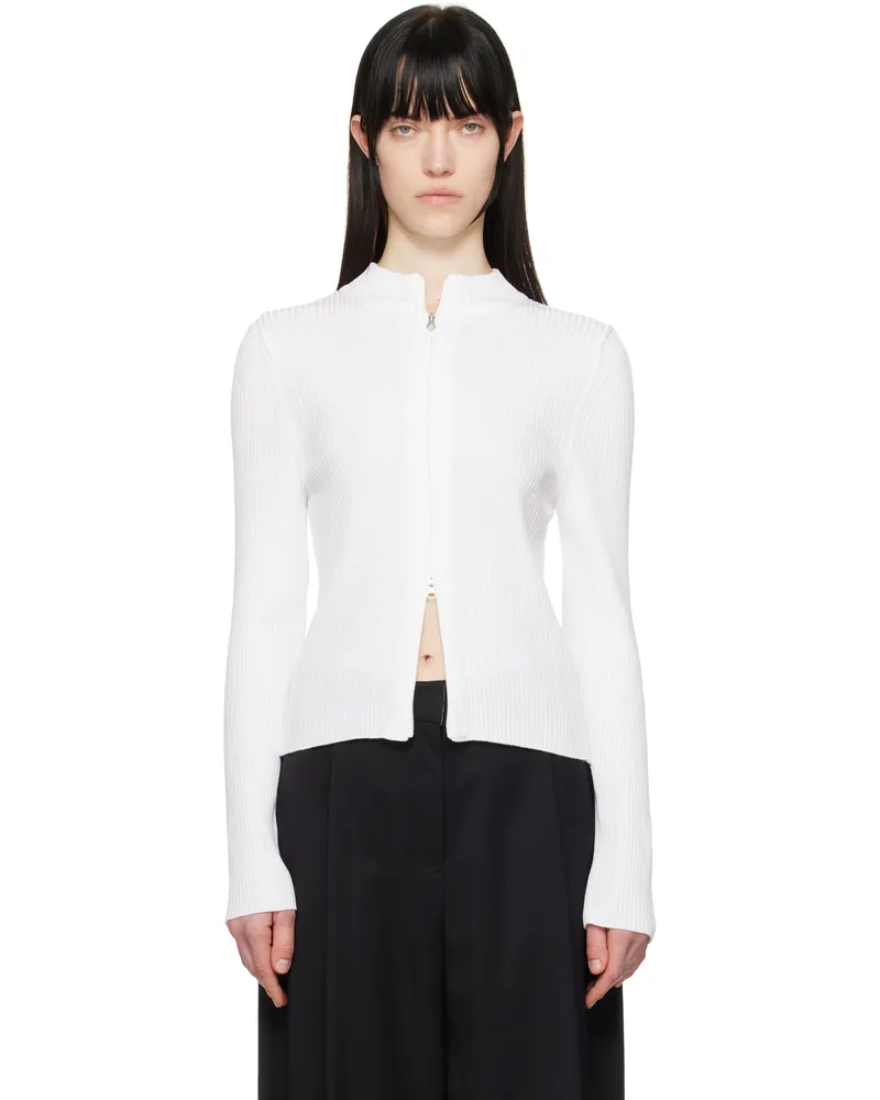 AMOMENTO White Ribbed Mock Neck Cardigan White