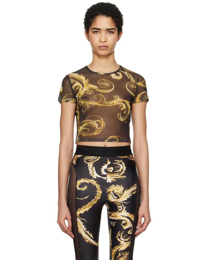 Versace Jeans Black Chromo Couture Mesh Crop T-shirt Eg89