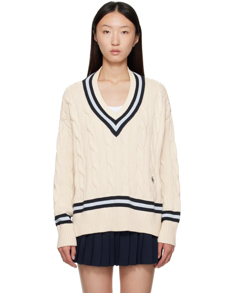 SPORTY & RICH Off-White 'SRC' Cableknit V-Neck Sweater 3944