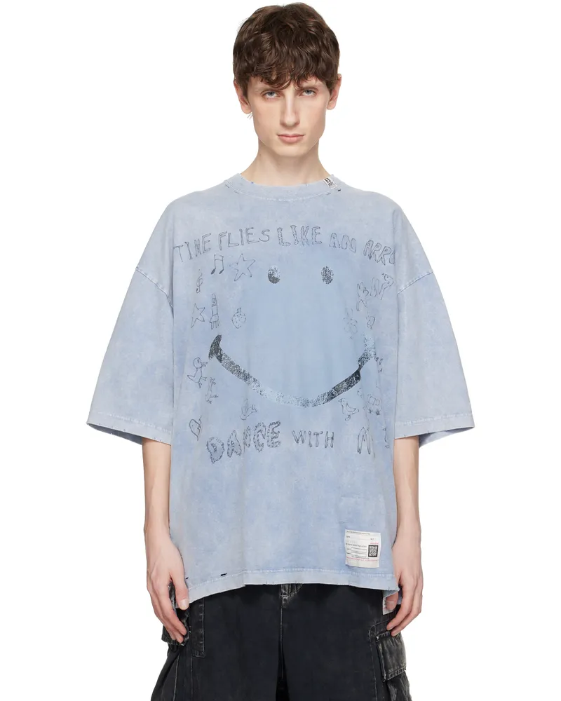 MIHARAYASUHIRO Blue Bleached Smily Face Print T-shirt Blue