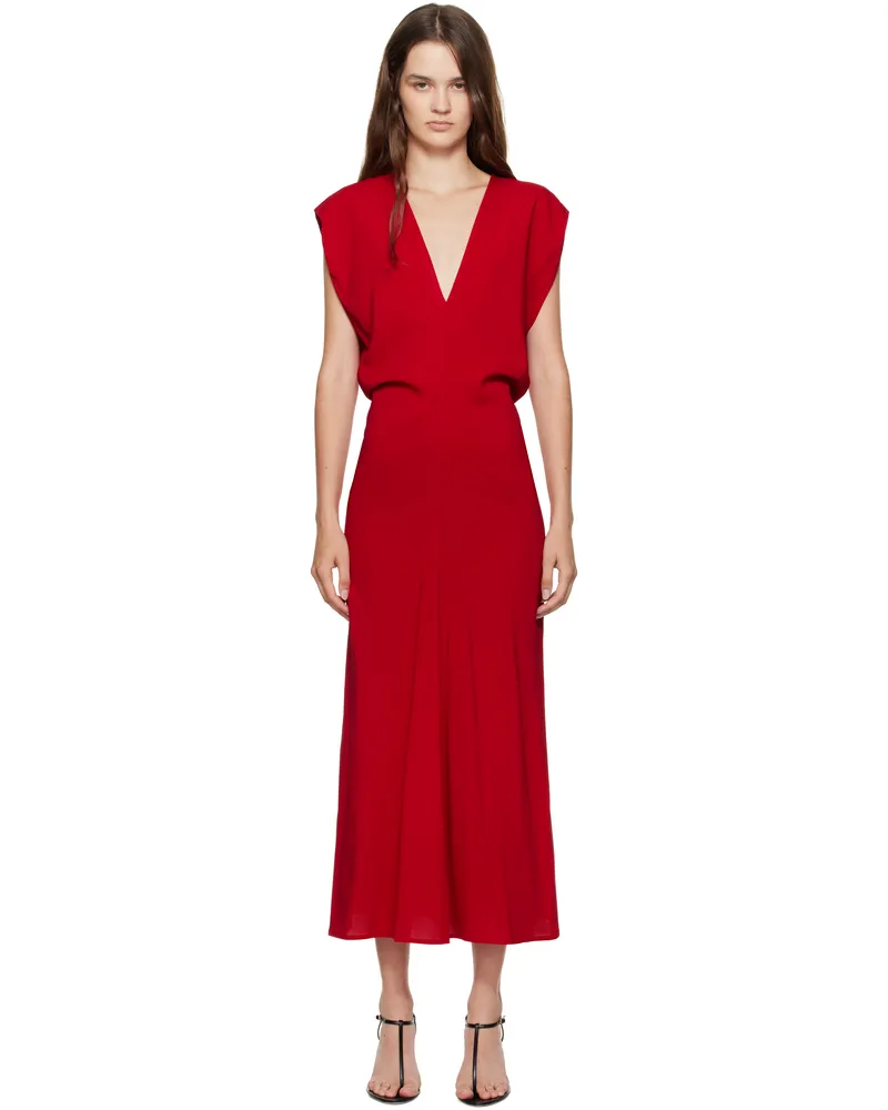 St. Agni Red Plunge Drape Midi Dress Rosso