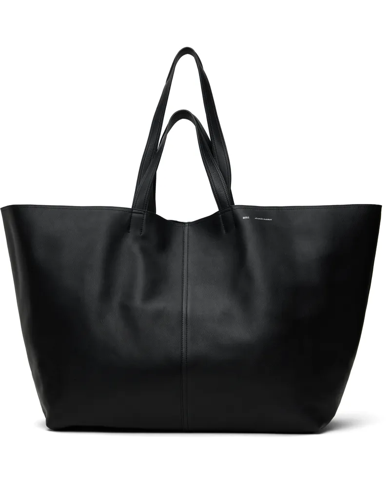 AMI Paris Black Leather Midi Maxi Tote Wool
